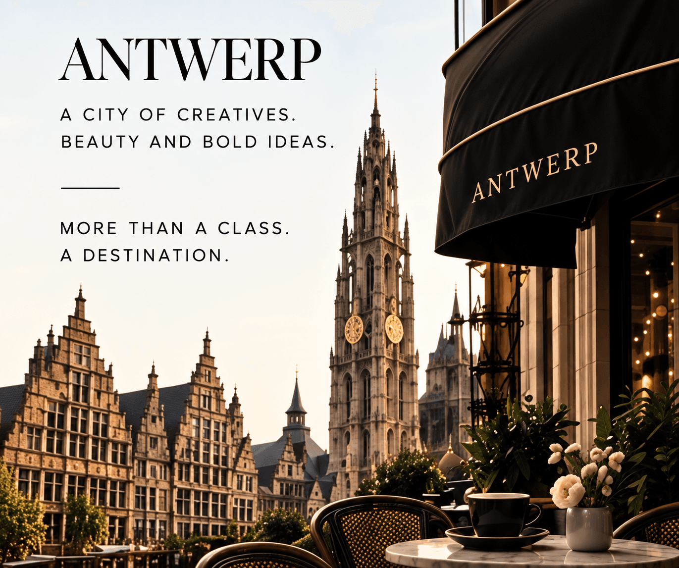 Antwerp architecture and a cafe terrace. Antwerp: a city of creatives, beauty and bold ideas. More than a class. A destination.