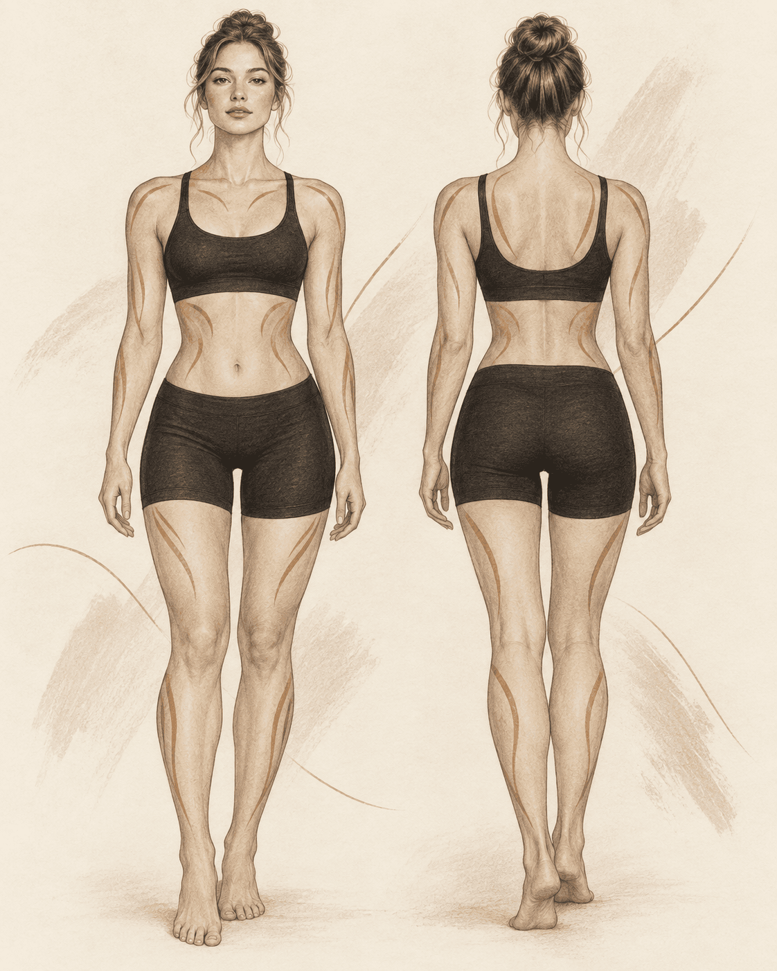 Front and back figure studies with illustrative body contour markings